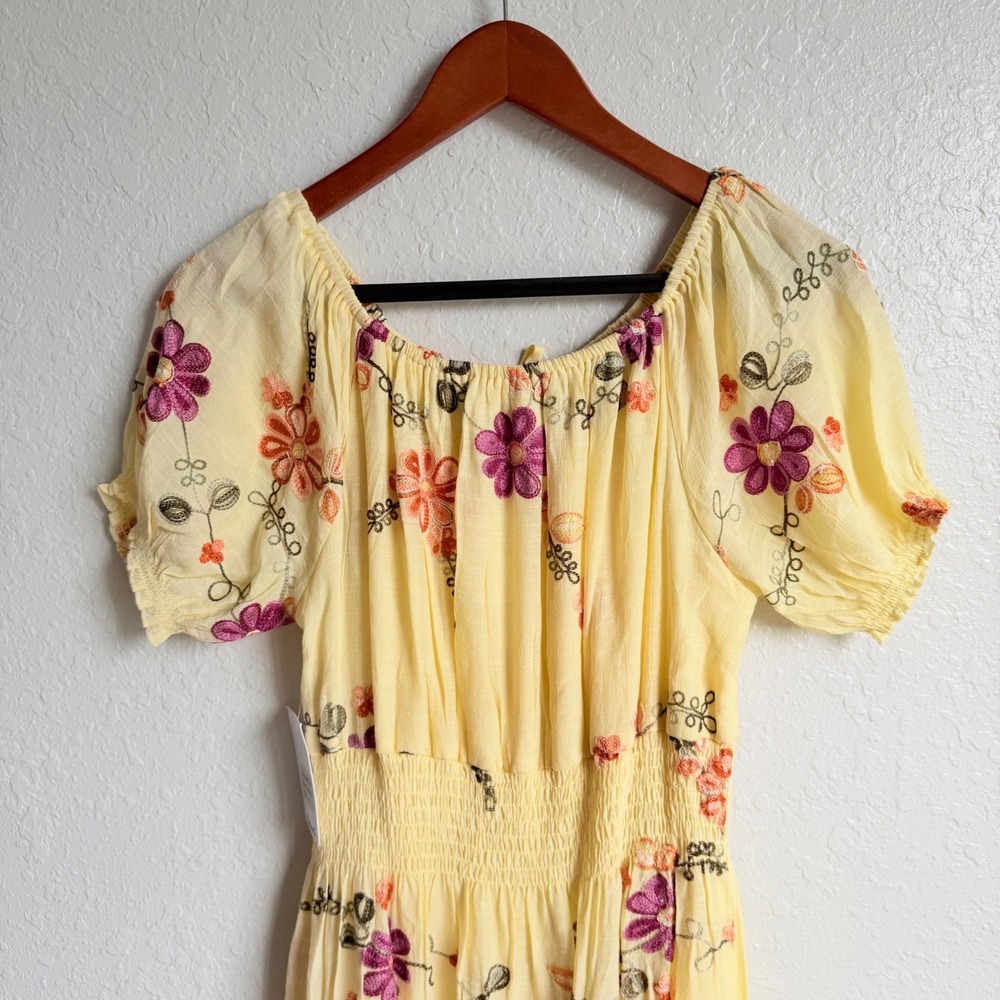 Anthro Kindred Smocked Maxi Dress Butter Yellow Embroidered NWT Cottagecore - Picture 14 of 16
